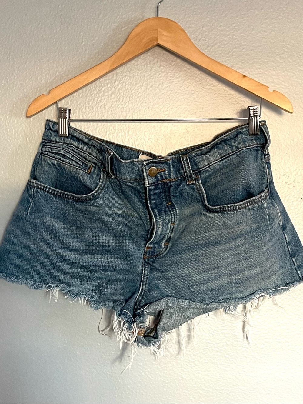 PILCRO Distressed Light Blue Denim Cutoff Shorts